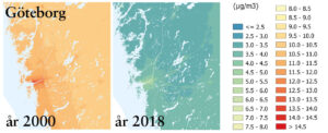 Karta över skillnader på partiklar i Göteborg mellan åren 2000 och 2018.