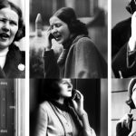 Svartvitt bildcollage av gammaldags klädda kvinnor som talar i mobiltelefon.