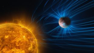 Exoplanet med magnetfält och en glödande stjärna.