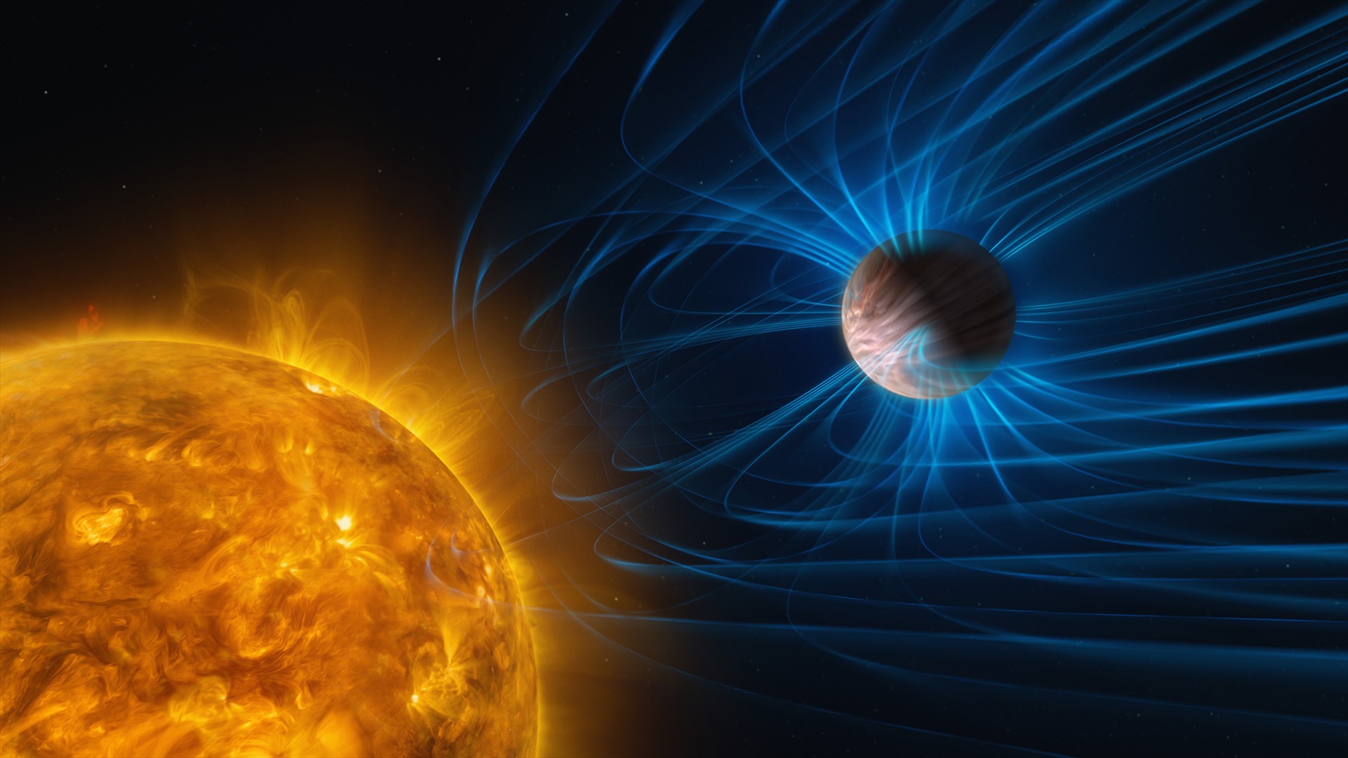 Exoplanet med magnetfält och en glödande stjärna.